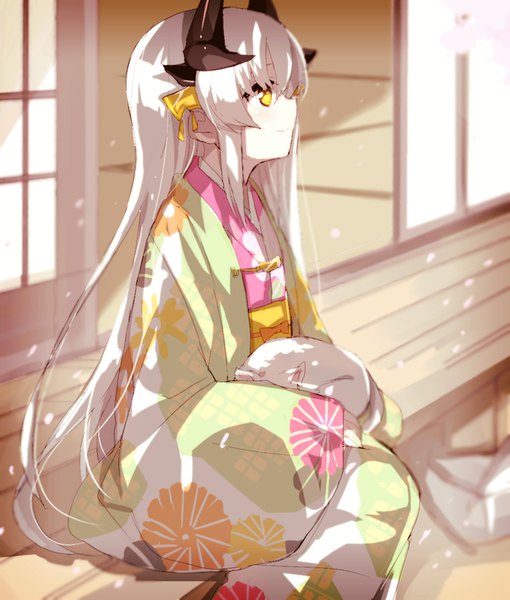 Anime picture 822x967 with fate (series) fate/grand order kiyohime (fate) hiiragi fuyuki single long hair tall image fringe smile hair between eyes sitting yellow eyes payot looking away outdoors white hair traditional clothes japanese clothes profile horn (horns)