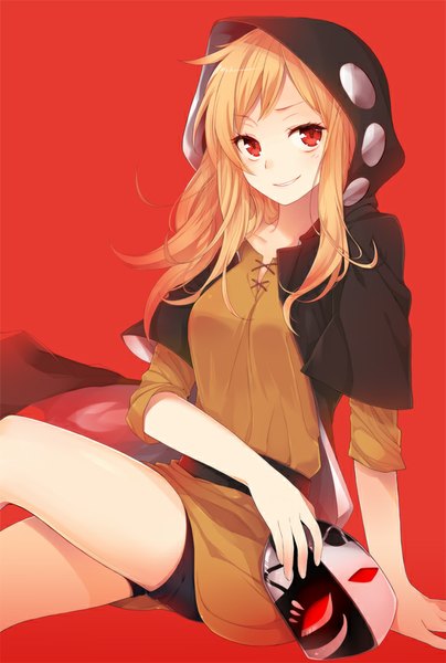 Anime picture 580x860 with kagerou project shaft (studio) kano shuuya ocha_(hutuumikan) single long hair tall image fringe breasts blonde hair simple background smile red eyes sitting arm support red background genderswap girl hood mask