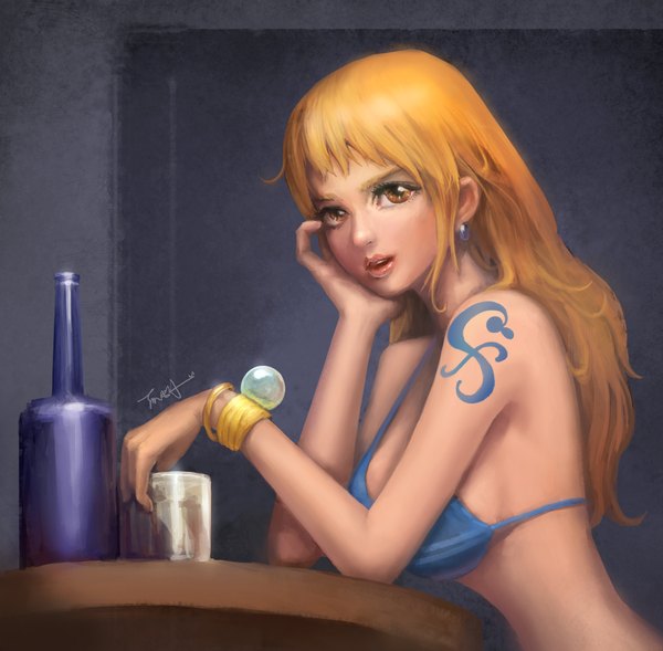 Anime picture 2334x2295 with one piece toei animation nami (one piece) tn3h single long hair highres open mouth signed lips orange hair arm support orange eyes tattoo girl earrings bracelet table bikini top bottle