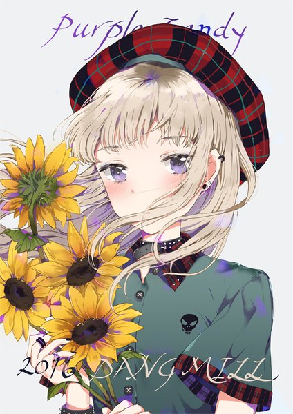 Anime picture 650x920 with original dangmill single long hair tall image looking at viewer blush fringe simple background blonde hair purple eyes nail polish wind grey background text portrait english covered mouth black nail polish plaid