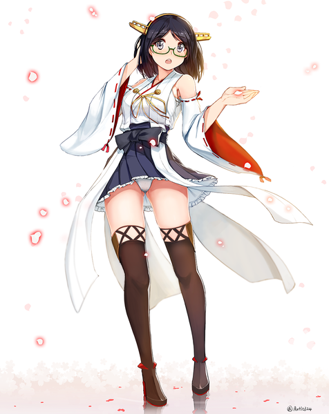 Anime picture 1000x1260 with kantai collection kirishima battleship nuclear warhead (anti) single tall image looking at viewer blush short hair open mouth light erotic black hair signed traditional clothes japanese clothes wind wide sleeves grey eyes pantyshot nontraditional miko girl