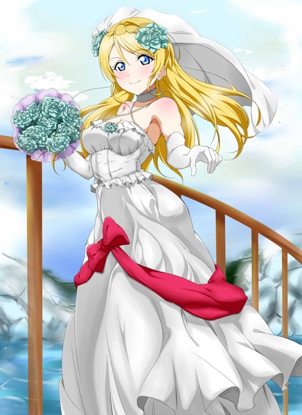 Anime picture 1500x2061 with love live! school idol project sunrise (studio) love live! ayase eli frolaytia single long hair tall image looking at viewer blush blue eyes blonde hair smile wedding girl dress gloves flower (flowers) bow elbow gloves