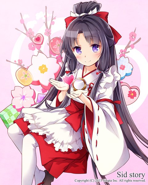 Anime picture 700x872 with original nyanya single long hair tall image looking at viewer blush black hair smile purple eyes valentine girl flower (flowers) bow hair bow heart