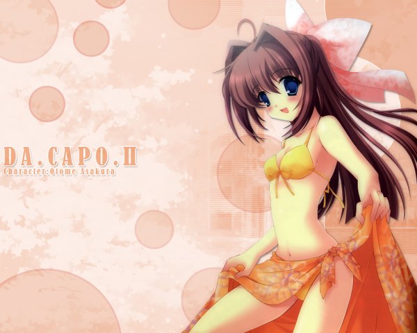 Anime picture 1280x1024 with da capo da capo ii asakura otome long hair looking at viewer open mouth smile brown hair bare shoulders inscription girl navel bow swimsuit large bow