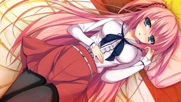 Anime picture 2560x1440 with reminiscence re hasegawa ren tomose shunsaku single long hair looking at viewer blush highres blue eyes wide image pink hair game cg lying two side up girl dress