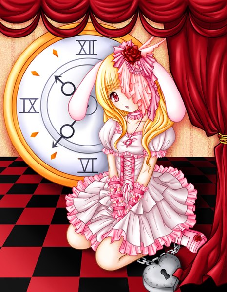Anime picture 1024x1317 with original eranthe single long hair tall image open mouth blonde hair sitting pink eyes hair flower bunny ears checkered floor girl dress hair ornament heart rose (roses) pendant chain clock