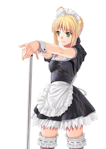 Anime picture 3182x4493 with fate (series) fate/stay night studio deen type-moon artoria pendragon (all) saber hullabaloo single long hair tall image highres simple background blonde hair white background green eyes absurdres scan maid girl dress