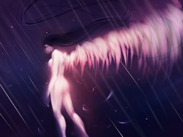 Anime picture 1600x1200 with original moni158 single light erotic black hair simple background very long hair nude wind dark background rain no face girl wings