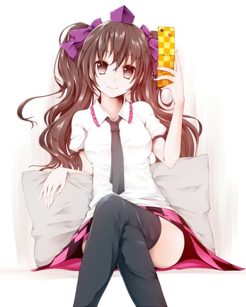 Anime picture 1200x1500 with touhou himekaidou hatate umxzo single long hair tall image simple background brown hair white background twintails brown eyes checkered skirt girl thighhighs skirt bow black thighhighs hair bow miniskirt shirt