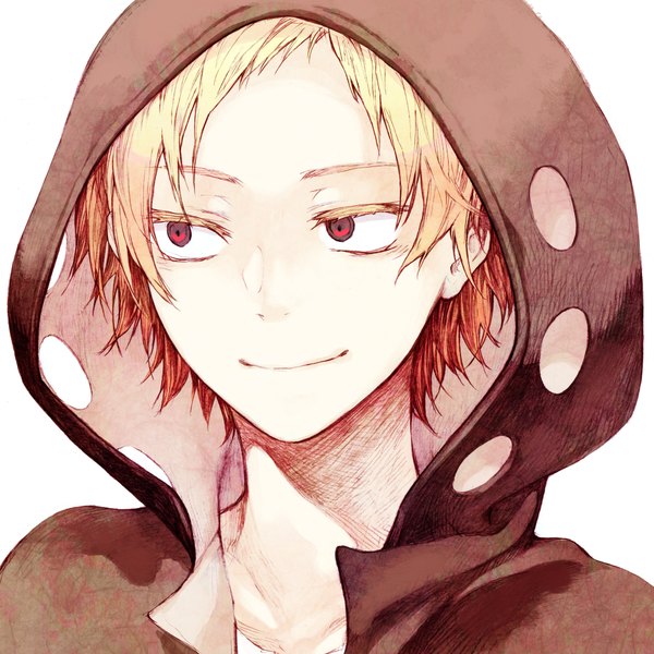 Anime picture 2000x2000 with kagerou project shaft (studio) kano shuuya shouichi taguchi single tall image highres short hair simple background blonde hair smile red eyes standing white background looking away portrait boy jacket hood hoodie