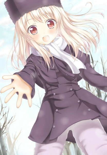 Anime picture 600x865 with fate (series) type-moon illyasviel von einzbern wataru (zazazazazazawa) single long hair tall image blush open mouth blonde hair smile red eyes sky cloud (clouds) :d dutch angle snowing outstretched hand bare tree double buttons