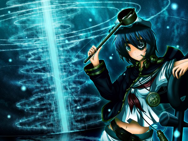 Anime picture 2400x1800 with touhou murasa minamitsu single highres short hair green eyes blue hair girl navel belt eyepatch