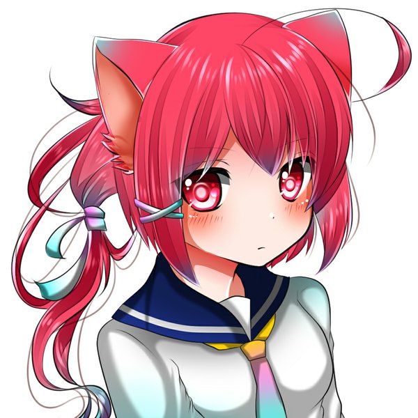 Anime picture 1000x1000 with kantai collection pixiv i-168 submarine yomiron single long hair looking at viewer blush simple background red eyes white background animal ears red hair cat ears kemonomimi mode girl uniform hair ornament ribbon (ribbons) hair ribbon