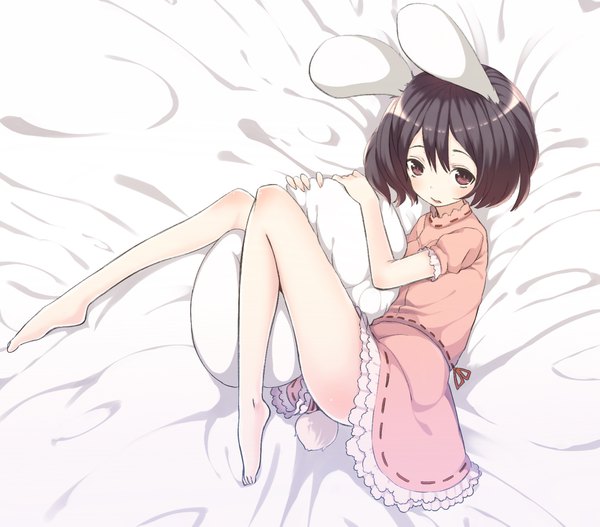 Anime picture 1671x1469 with touhou inaba tewi pokachu single looking at viewer fringe short hair light erotic red eyes brown hair animal ears full body tail lying parted lips animal tail barefoot bare legs short sleeves loli