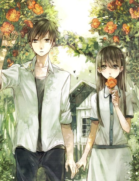Anime picture 1230x1600 with original toryufu long hair tall image looking at viewer blush short hair brown hair brown eyes couple holding hands girl dress boy flower (flowers) house campsis