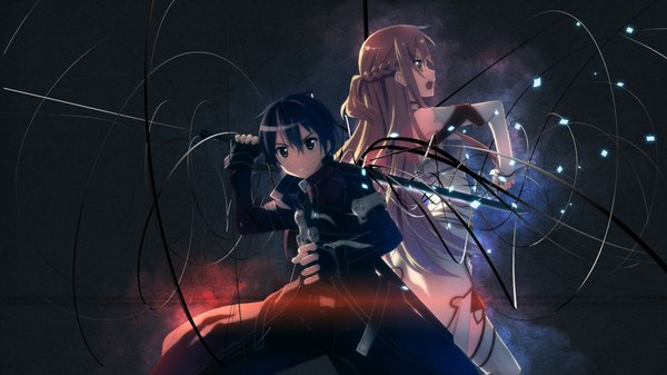 Anime picture 1920x1080 with sword art online a-1 pictures yuuki asuna kirigaya kazuto quasixi (artist) long hair looking at viewer highres open mouth black hair brown hair wide image bare shoulders brown eyes profile black eyes wallpaper back to back girl thighhighs