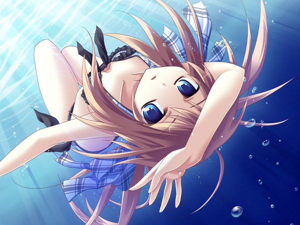 Anime picture 1280x960 with original ina (inadahime) blue eyes brown hair flat chest underwater girl swimsuit