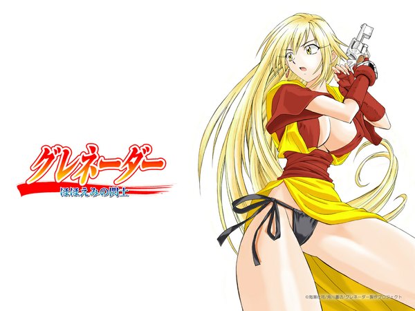 Anime picture 1024x768 with grenadier tendou rushuna kaise sousuke single long hair fringe breasts open mouth light erotic simple background blonde hair hair between eyes large breasts standing white background holding signed yellow eyes payot looking away