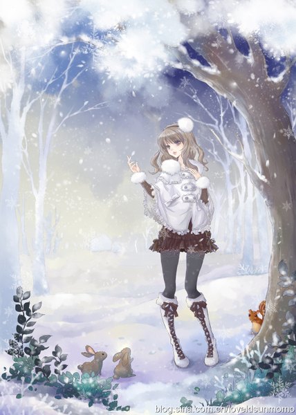Anime picture 1000x1400 with original sunmomo long hair tall image blue eyes looking away long sleeves grey hair snowing winter snow girl skirt hair ornament plant (plants) animal pantyhose tree (trees) boots thigh boots