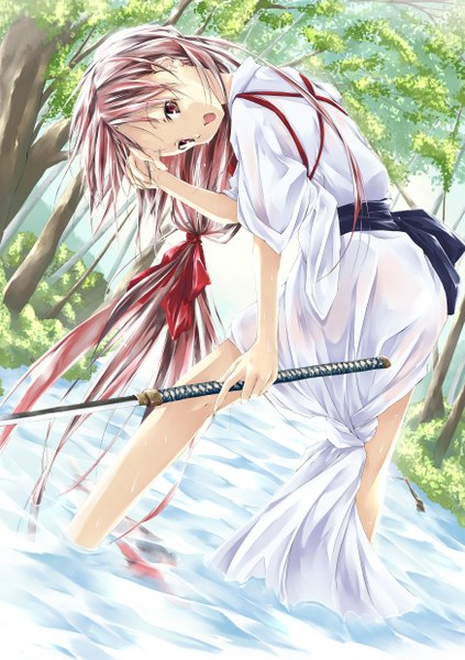 Anime picture 1748x2480 with original karasu raku single long hair tall image highres open mouth red eyes pink hair girl sword katana