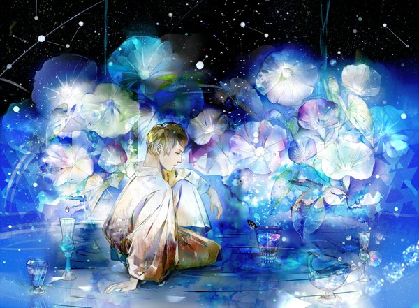 Anime picture 2000x1473 with original saiga tokihito single highres short hair blue eyes blonde hair sitting profile constellation boy flower (flowers) insect butterfly star (stars) crystal glass vase morning glory drop