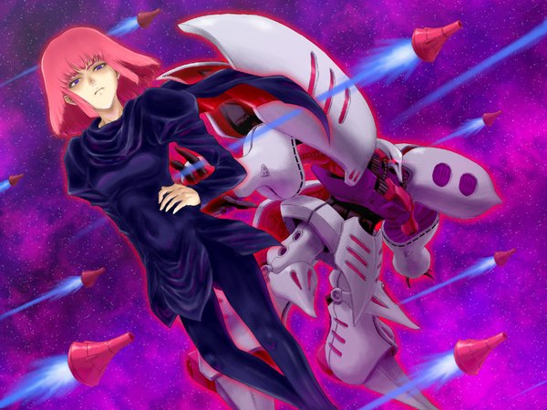 Anime picture 1024x768 with mobile suit gundam zeta gundam sunrise (studio) haman karn qubeley purple eyes pink hair mecha