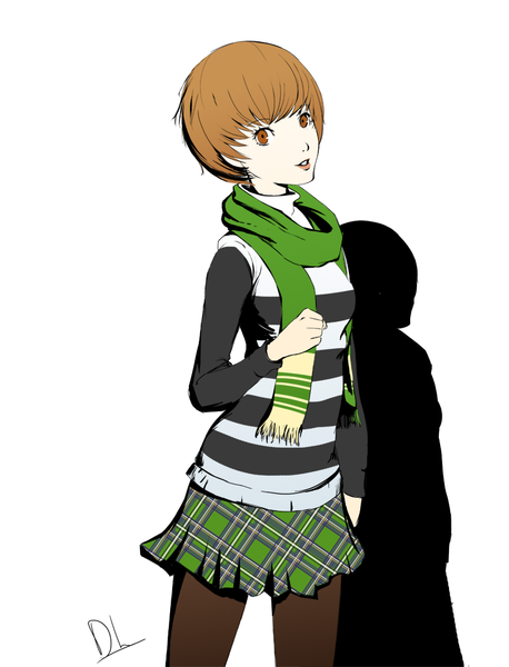 Anime picture 763x1000 with persona 4 persona 3 persona satonaka chie female protagonist (p3) dh (brink of memories) single tall image looking at viewer short hair simple background brown hair white background brown eyes signed shadow plaid skirt cosplay female protagonist (p3) (cosplay) girl