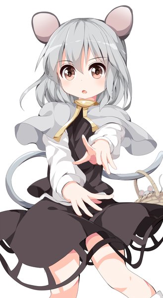 Anime picture 631x1150 with touhou nazrin ruu (tksymkw) single tall image blush open mouth simple background white background brown eyes animal ears silver hair tail animal tail outstretched arm pointing mouse ears mouse tail mouse girl girl