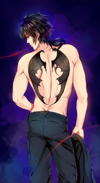 Anime picture 493x900 with original akubaka single long hair tall image light erotic black hair red eyes standing holding signed profile turning head dark background topless bare back muscle arched back black wings demon wings