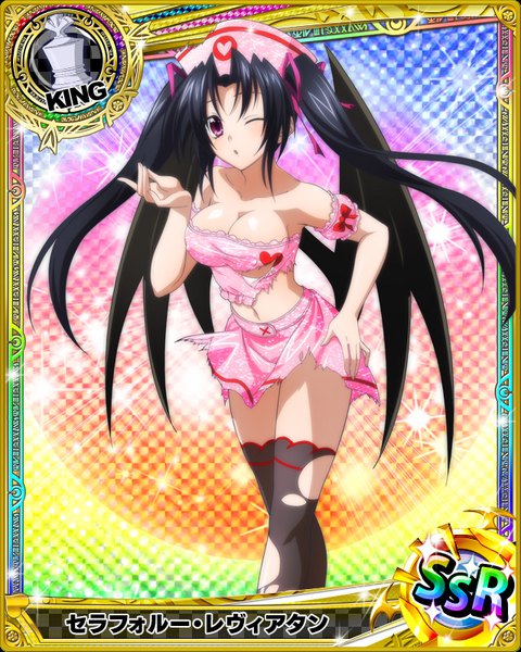 Anime picture 640x800 with highschool dxd serafall leviathan single long hair tall image looking at viewer breasts light erotic black hair purple eyes twintails cleavage one eye closed wink torn clothes card (medium) nurse girl thighhighs uniform