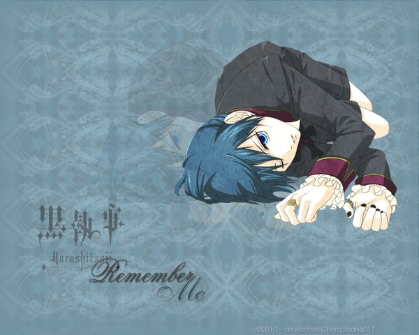 Anime picture 1280x1024 with kuroshitsuji a-1 pictures ciel phantomhive single short hair blue eyes blue hair lying nail polish one eye closed wink inscription boy shorts ring