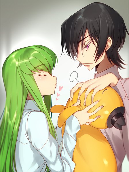 Anime picture 650x869 with code geass sunrise (studio) c.c. lelouch lamperouge cheese-kun creayus long hair tall image fringe short hair black hair simple background purple eyes holding payot upper body eyes closed long sleeves nail polish profile