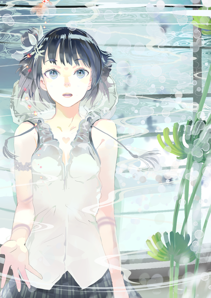 Anime picture 850x1200 with original 119 single tall image looking at viewer fringe short hair open mouth black hair grey eyes sleeveless plaid skirt underwater girl skirt flower (flowers) plant (plants) animal water hood