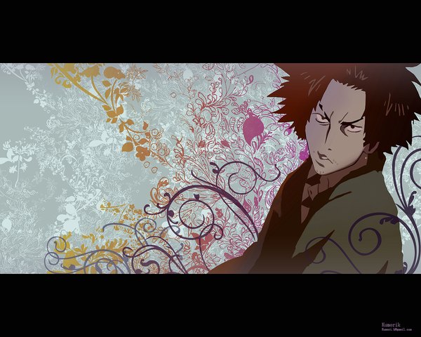 Anime picture 1280x1024 with samurai champloo mugen (samurai champloo) single looking at viewer short hair black hair signed upper body letterboxed boy