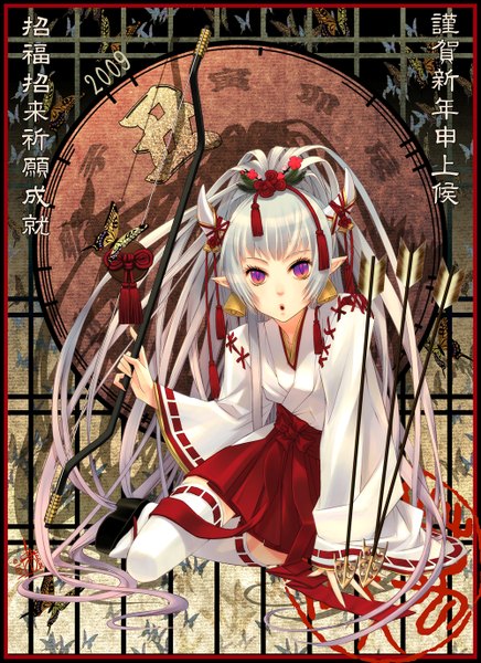 Anime picture 1000x1374 with original shijuu hachi long hair tall image looking at viewer purple eyes silver hair ponytail traditional clothes horn (horns) pointy ears miko girl thighhighs ribbon (ribbons) hair ribbon white thighhighs insect butterfly bell
