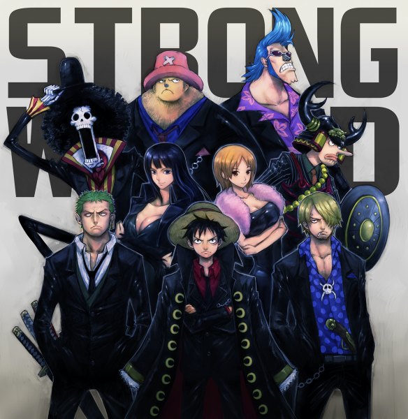 Anime picture 1168x1200 with one piece one piece: strong world toei animation nami (one piece) monkey d. luffy nico robin roronoa zoro sanji tony tony chopper usopp franky brook (one piece) boyaking(sbf) tall image fringe short hair open mouth blue eyes black hair blonde hair