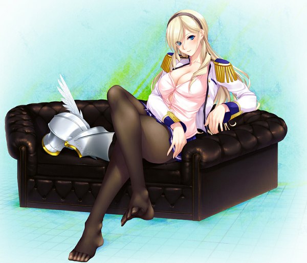 Anime picture 1000x858 with walkure romanze celia kumani entory f-cla single long hair looking at viewer blush breasts blue eyes light erotic blonde hair simple background large breasts sitting legs crossed legs girl thighhighs uniform black thighhighs