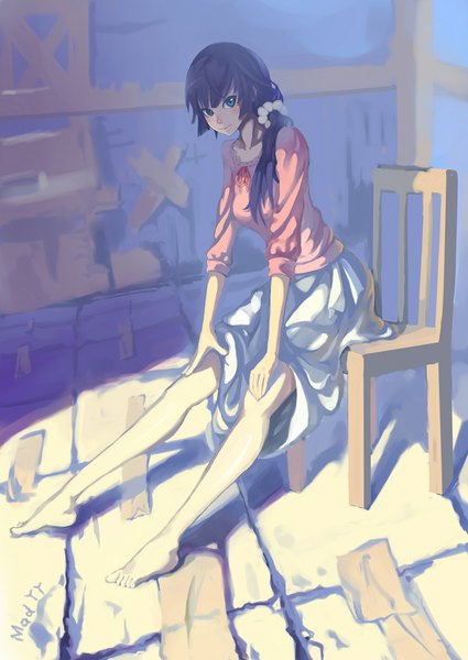 Anime picture 1500x2118 with bakemonogatari shaft (studio) monogatari (series) senjougahara hitagi madyy single long hair tall image looking at viewer blush fringe blue eyes black hair sitting ponytail barefoot light smile side ponytail girl hair ornament