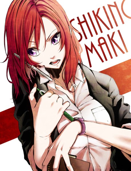 Anime picture 1265x1653 with love live! school idol project sunrise (studio) love live! nishikino maki vice (kuronekohadokoheiku) single tall image fringe short hair open mouth purple eyes holding looking away red hair head tilt teeth character names open collar girl clock