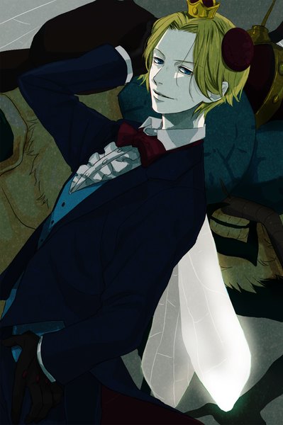 Anime picture 3000x4507 with yondemasu yo, azazel-san production i.g beelzebub (yondemasu yo, azazel-san) satokibi single tall image looking at viewer highres short hair blue eyes blonde hair light smile hand on head insect wings boy wings bowtie insect suit crown