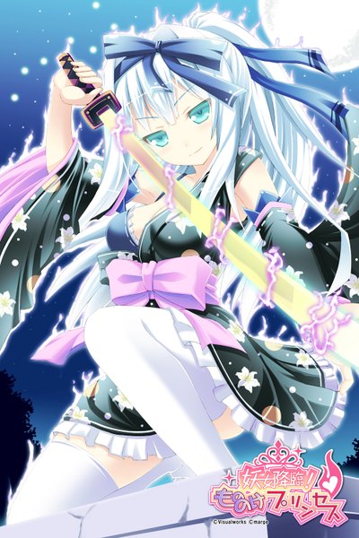 Anime picture 1000x1500 with original usagi nezumi single long hair tall image looking at viewer blue eyes white hair glowing girl thighhighs dress bow weapon hair bow detached sleeves white thighhighs sword katana moon