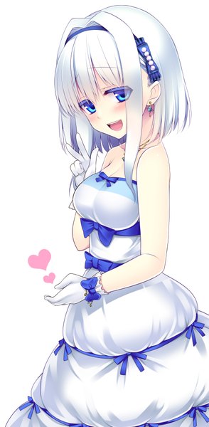Anime picture 1966x4004 with original giuniu single tall image blush highres short hair open mouth blue eyes simple background white background white hair girl dress gloves bow heart hairband