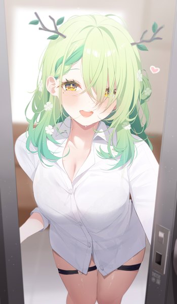 Anime picture 1063x1821 with virtual youtuber hololive hololive english ceres fauna deyui single long hair tall image looking at viewer blush fringe breasts open mouth light erotic large breasts yellow eyes indoors :d hair flower horn (horns)