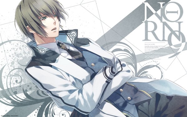 Anime picture 1920x1200 with norn9 (game) idea factory natsuhiko azuma iza (artist) single highres short hair open mouth green eyes grey hair official art piercing text crossed arms english boy uniform school uniform necktie pants