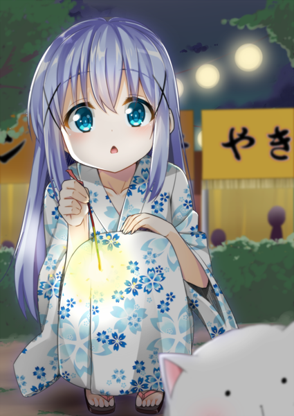 Anime picture 1253x1770 with gochuumon wa usagi desu ka? white fox kafuu chino tippy (gochiusa) cacao (chocolat) single long hair tall image looking at viewer blush fringe open mouth blue eyes hair between eyes holding blue hair bent knee (knees) traditional clothes japanese clothes :o