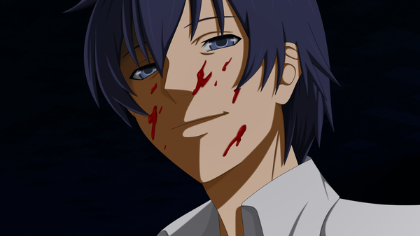 Anime picture 1600x900 with corpse party yuuya kizami flowerinhell single looking at viewer short hair blue eyes simple background smile wide image blue hair boy shirt blood