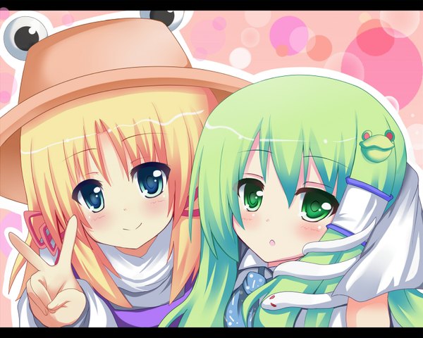 Anime picture 1500x1200 with touhou kochiya sanae moriya suwako shineka long hair short hair blue eyes blonde hair multiple girls green eyes green hair victory letterboxed girl 2 girls hat animal hair tubes snake