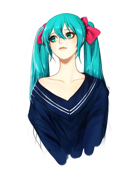 Anime picture 800x1001 with vocaloid hatsune miku aegyo single long hair tall image simple background hair between eyes white background twintails looking away aqua eyes light smile aqua hair turning head girl bow hair bow sweater