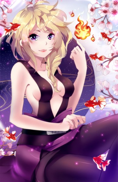 Anime picture 809x1250 with squchan long hair tall image looking at viewer fringe breasts light erotic blonde hair smile sitting purple eyes bent knee (knees) braid (braids) parted lips hair flower single braid swimming girl hair ornament flower (flowers)