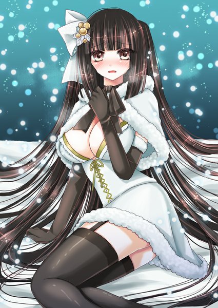 Anime picture 708x1000 with original hiroharu single long hair tall image looking at viewer blush breasts open mouth light erotic black hair brown eyes very long hair snowing winter exhalation girl thighhighs dress gloves